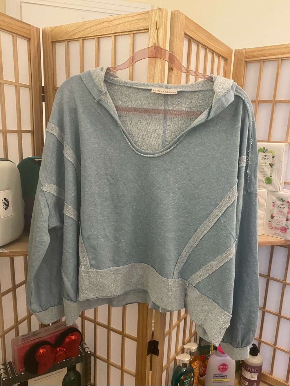Zenana Blue Hooded Pullover Sweatshirt S/M Lightweight Oversized Top